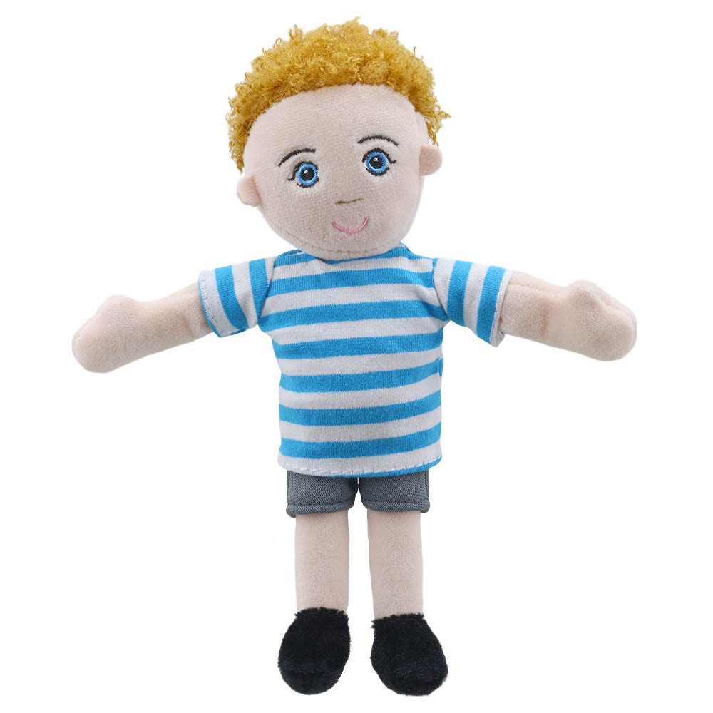 The Puppet Company finger puppet boy, fabric doll with blonde hair, a blue and white striped shirt and grey trousers