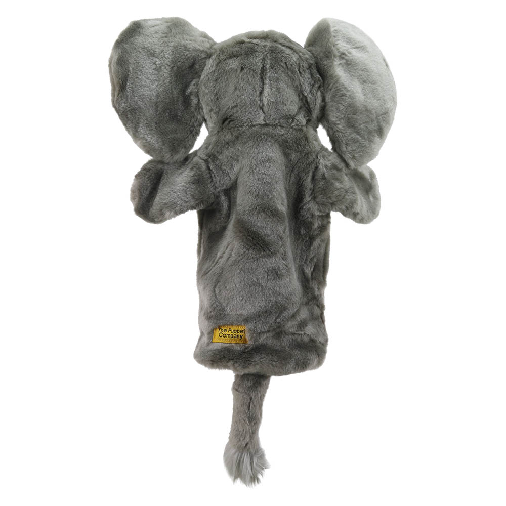 The Puppet Company baby hand puppet elephant, grey elephant puppet with a brand label, back view