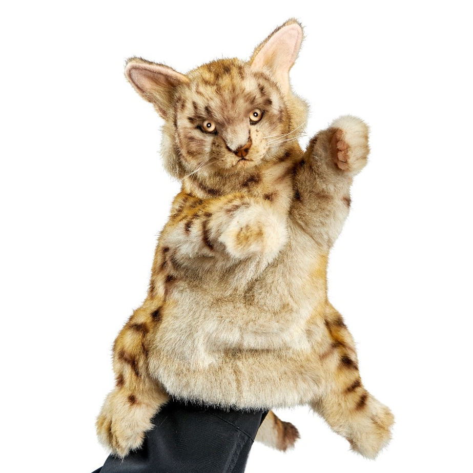 Leopard cat hand puppet by Hansa Creation with spotted brown-beige fur and a raised paw