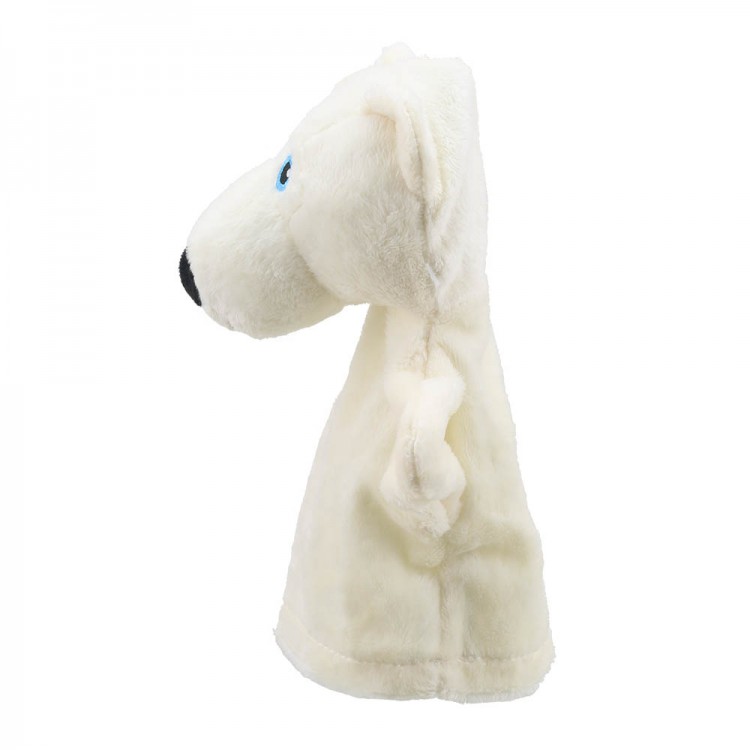 The Puppet Company baby hand puppet polar bear, cream-white puppet with blue eyes, side view