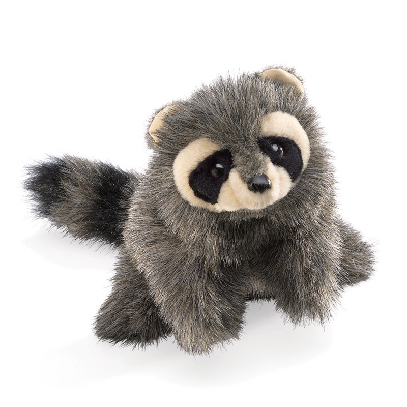 Folkmanis Baby Raccoon hand puppet with grey-black fur and typical facial mask, angled view