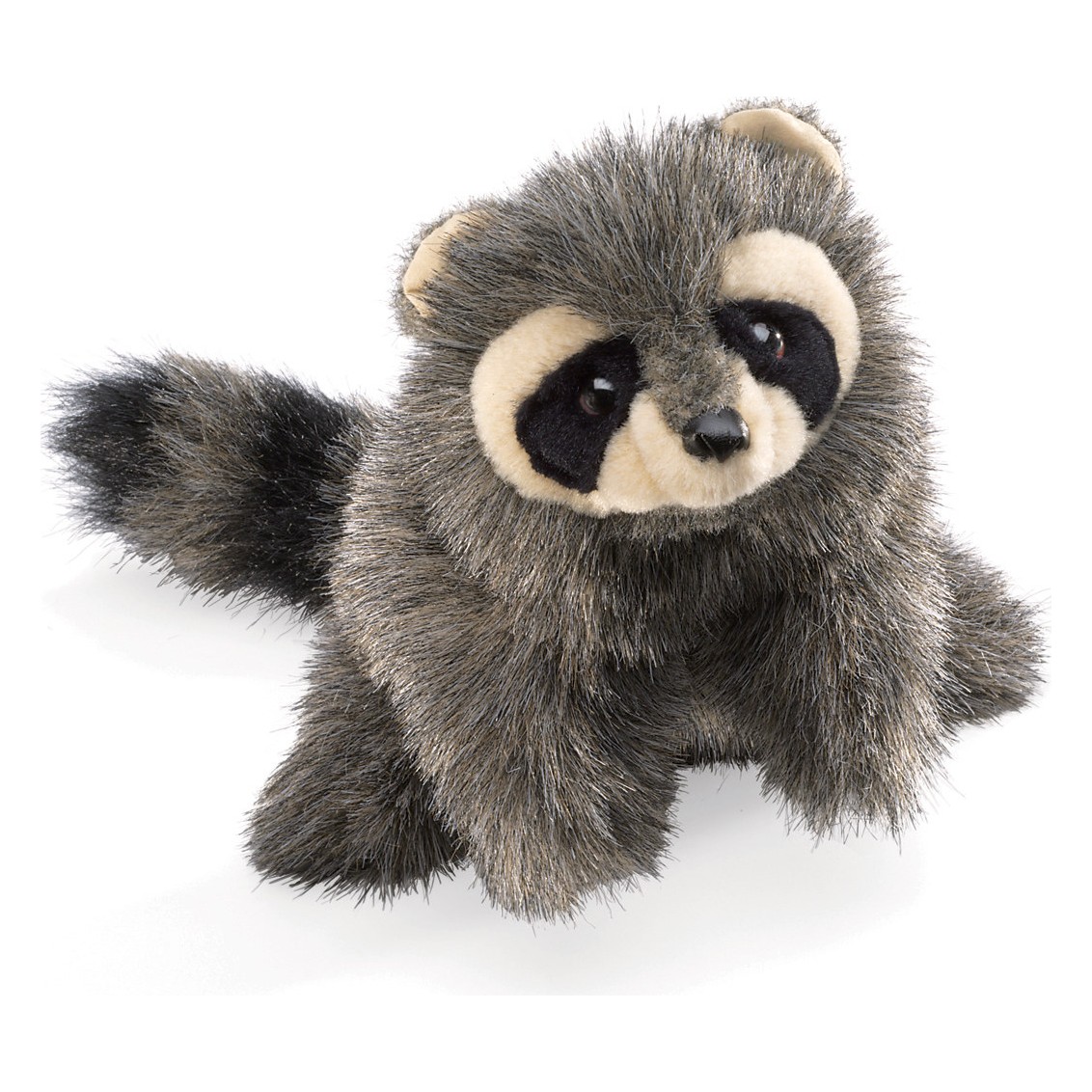 Folkmanis Baby Raccoon hand puppet with grey-black fur and typical facial mask, angled view