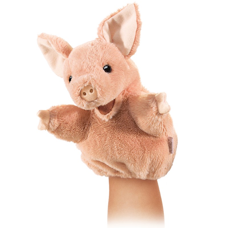 Folkmanis small pig hand puppet in pink with open mouth on a hand, side view