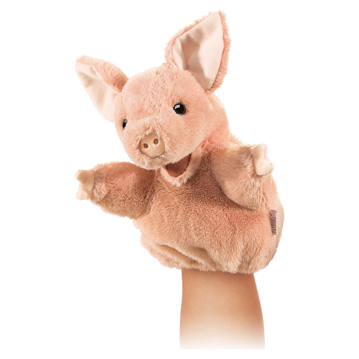 Folkmanis small pig hand puppet in pink with open mouth on a hand, side view