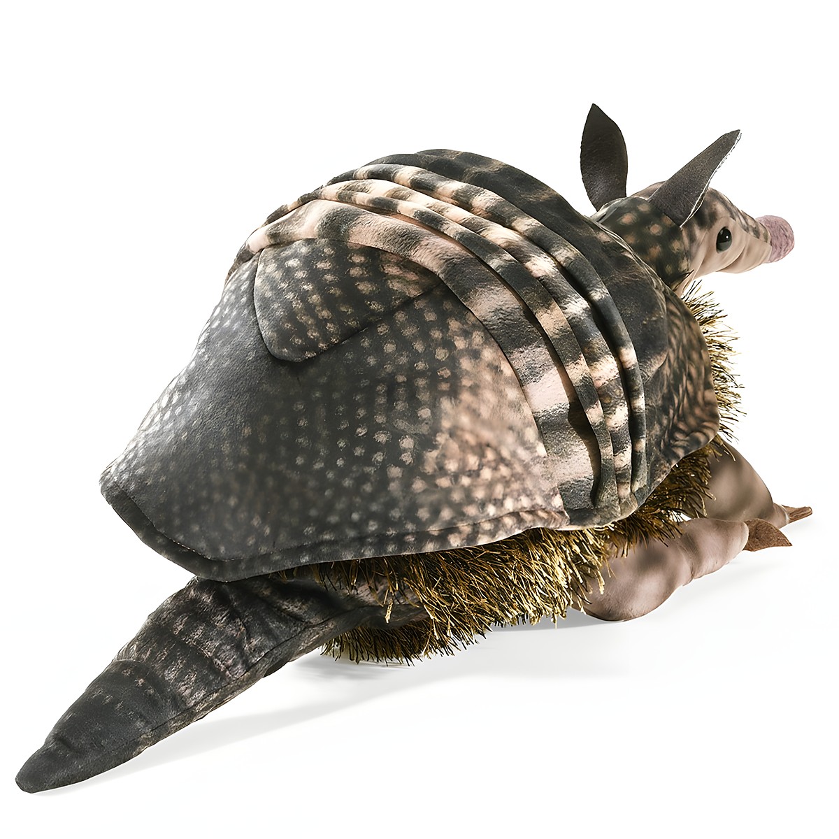 Folkmanis armadillo hand puppet with a detailed grey-pink textured shell and golden-brown belly fur, shown from a diagonal angle