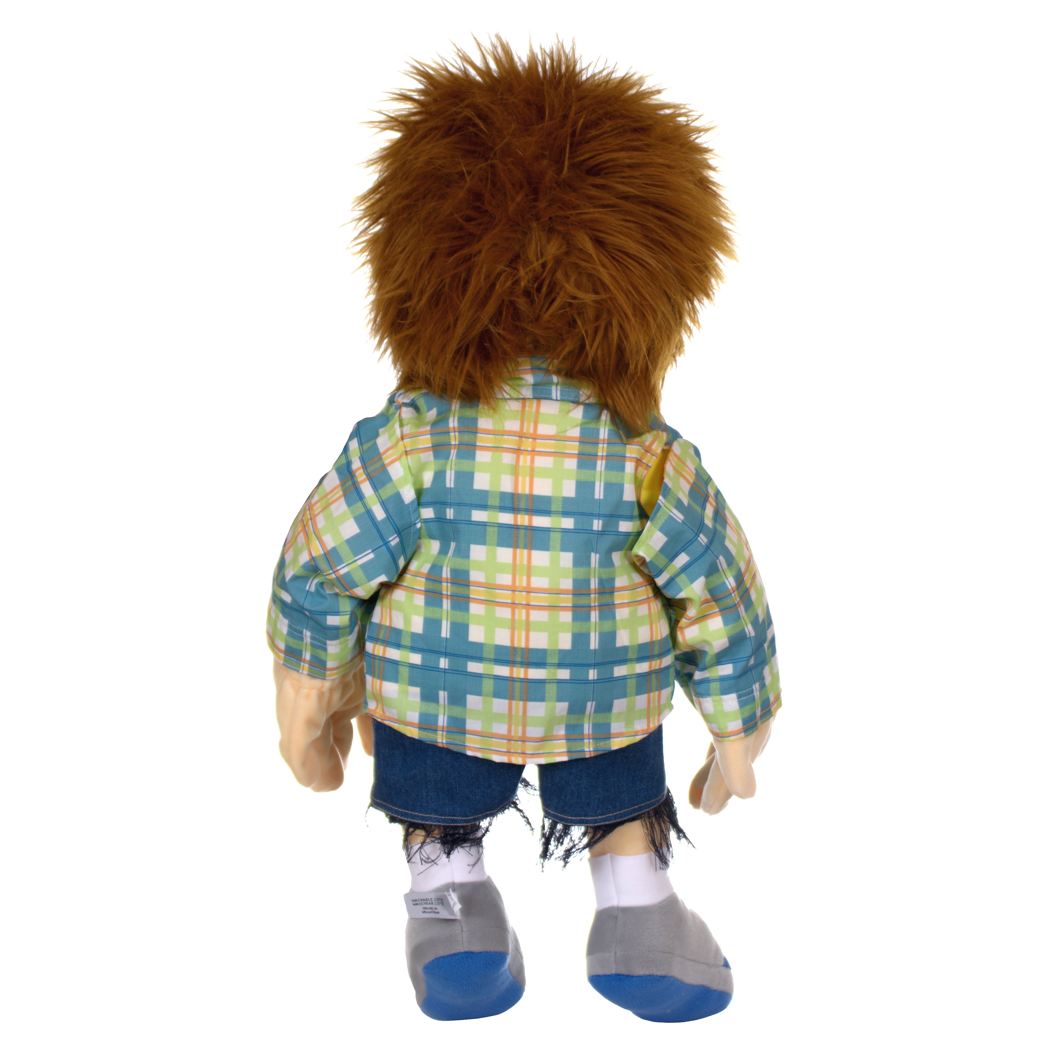 Living Puppets hand puppet Fabian seen from the back with chequered shirt and tousled hair