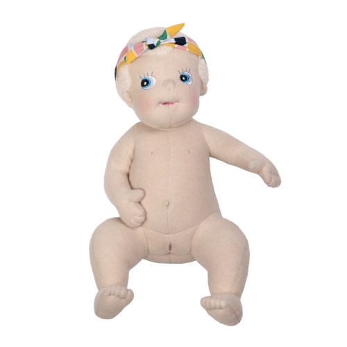 Rubens Barn baby doll Esme undressed with colourful headband, sitting