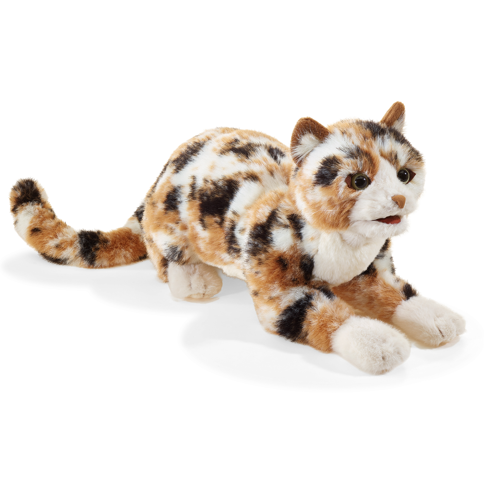 Folkmanis hand puppet calico cat with tricolour fur in white, brown and black, lying in a three-quarter view