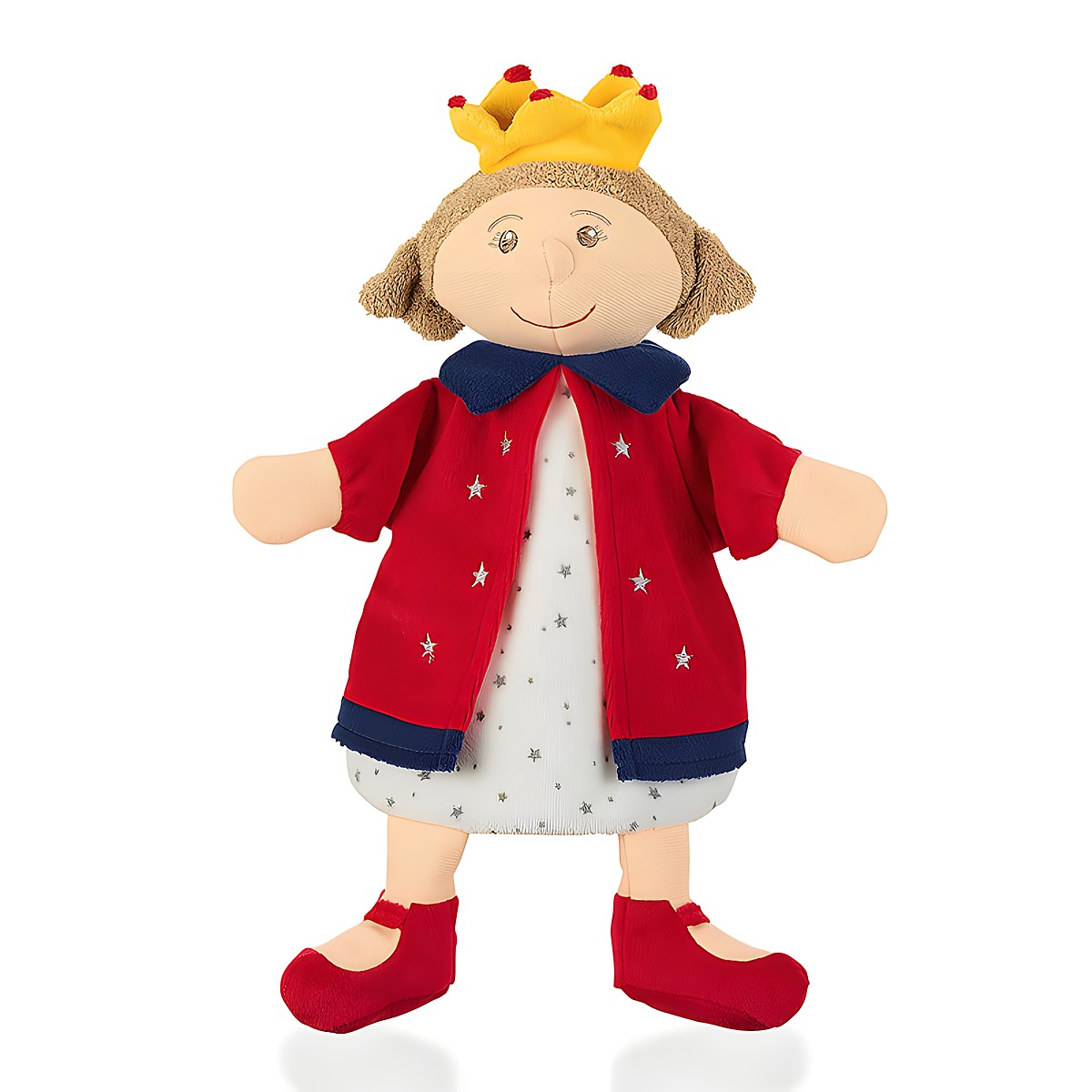 Sterntaler baby hand puppet queen, yellow crown, red coat with a blue collar and a star-embroidered dress