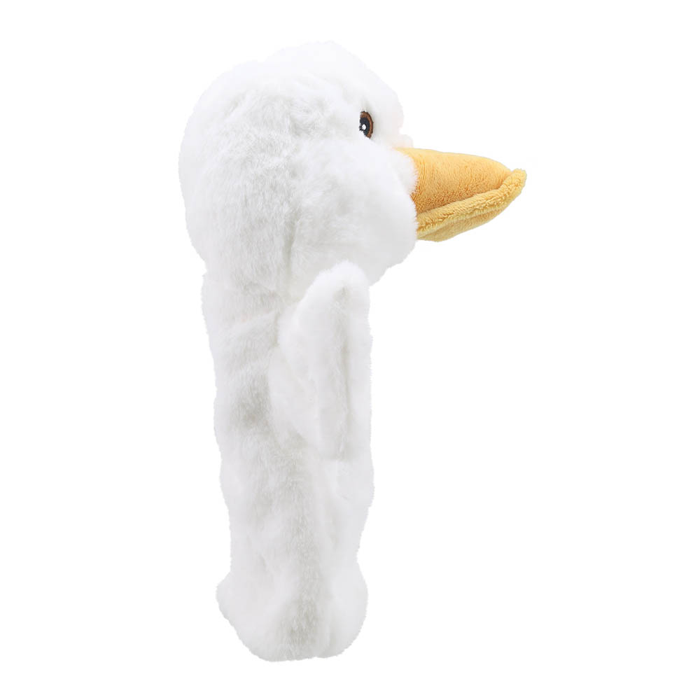 The Puppet Company baby hand puppet duck, white puppet with a yellow-orange beak, side view
