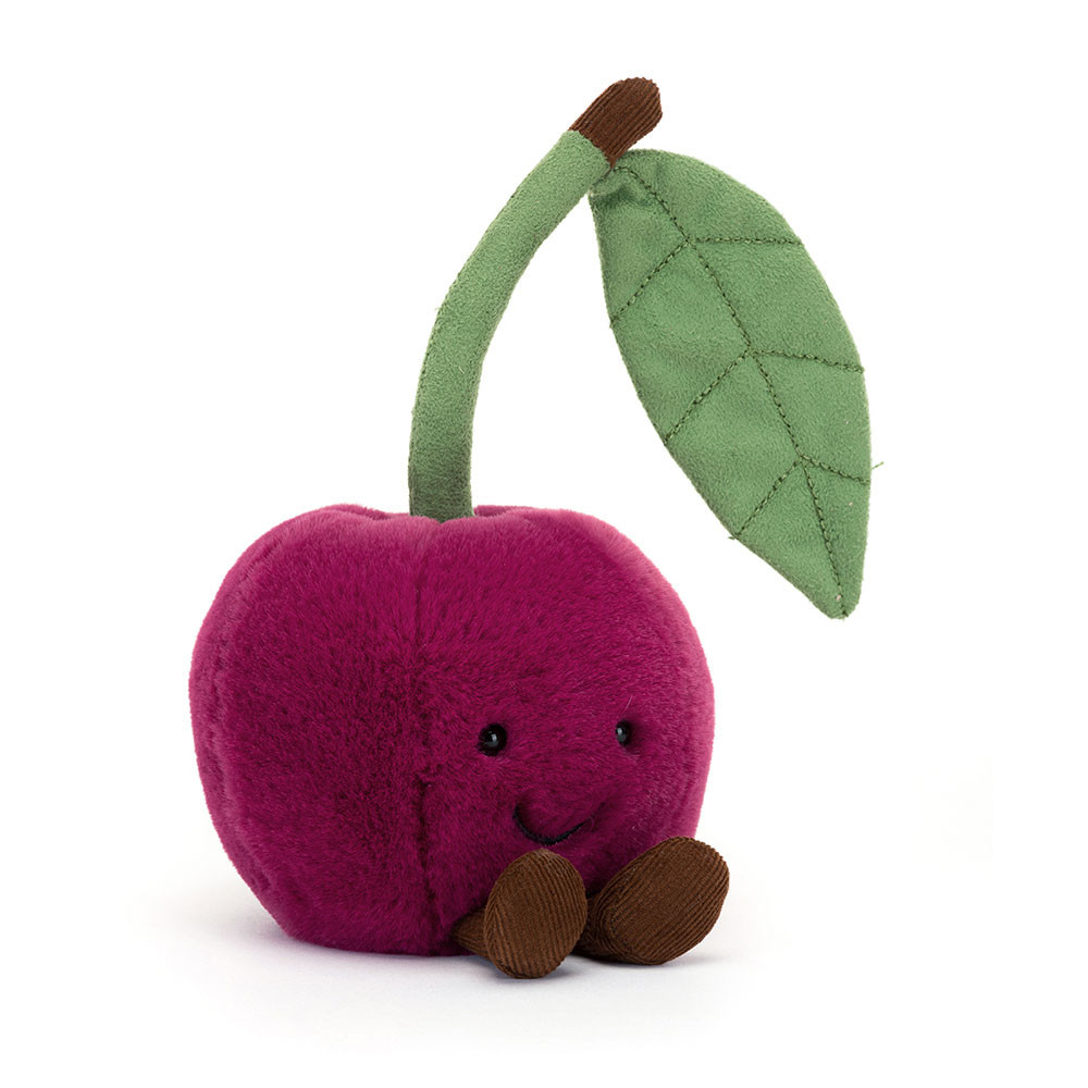Jellycat Amuseables Cherry, pink plush figure with a green leaf stem and a smiling face, front view