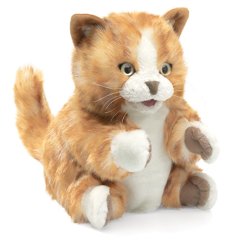 Folkmanis Orange Tabby Kitten hand puppet with orange striped fur, white chest and paws, front view