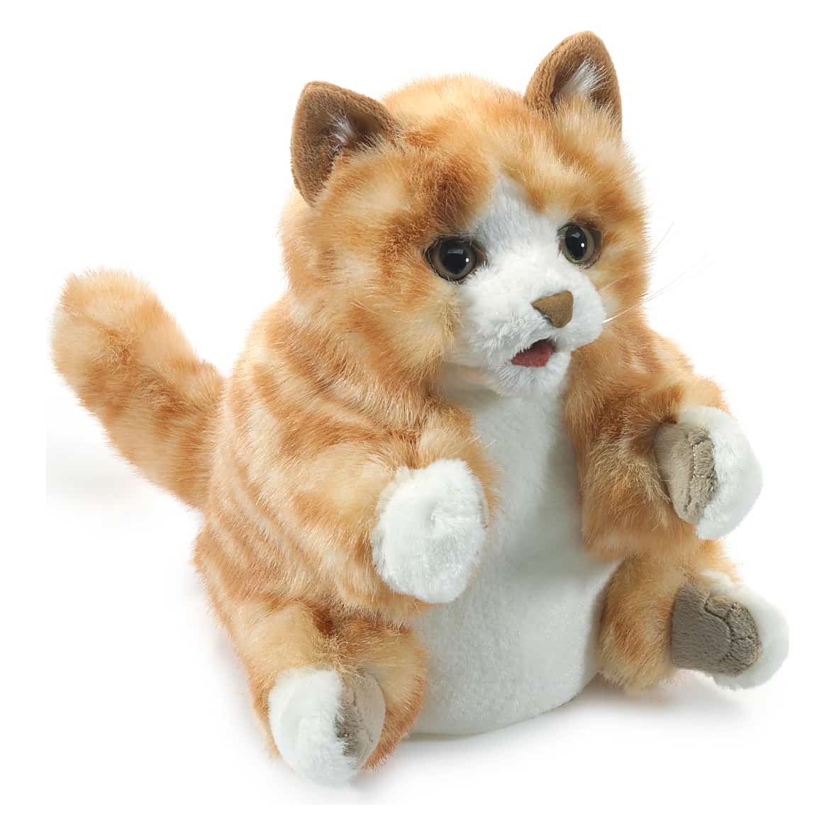 Folkmanis Orange Tabby Kitten hand puppet with orange striped fur, white chest and paws, front view