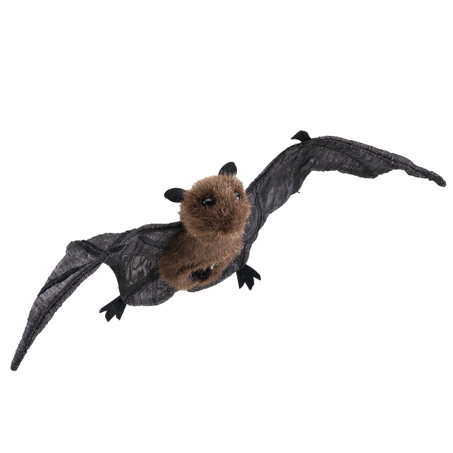 Folkmanis mini bat finger puppet with outstretched black mesh wings and a brown plush body, front view
