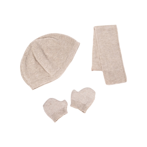 Outdoor accessories by Rubens Barn: beige knitted hat, scarf and mittens for baby dolls
