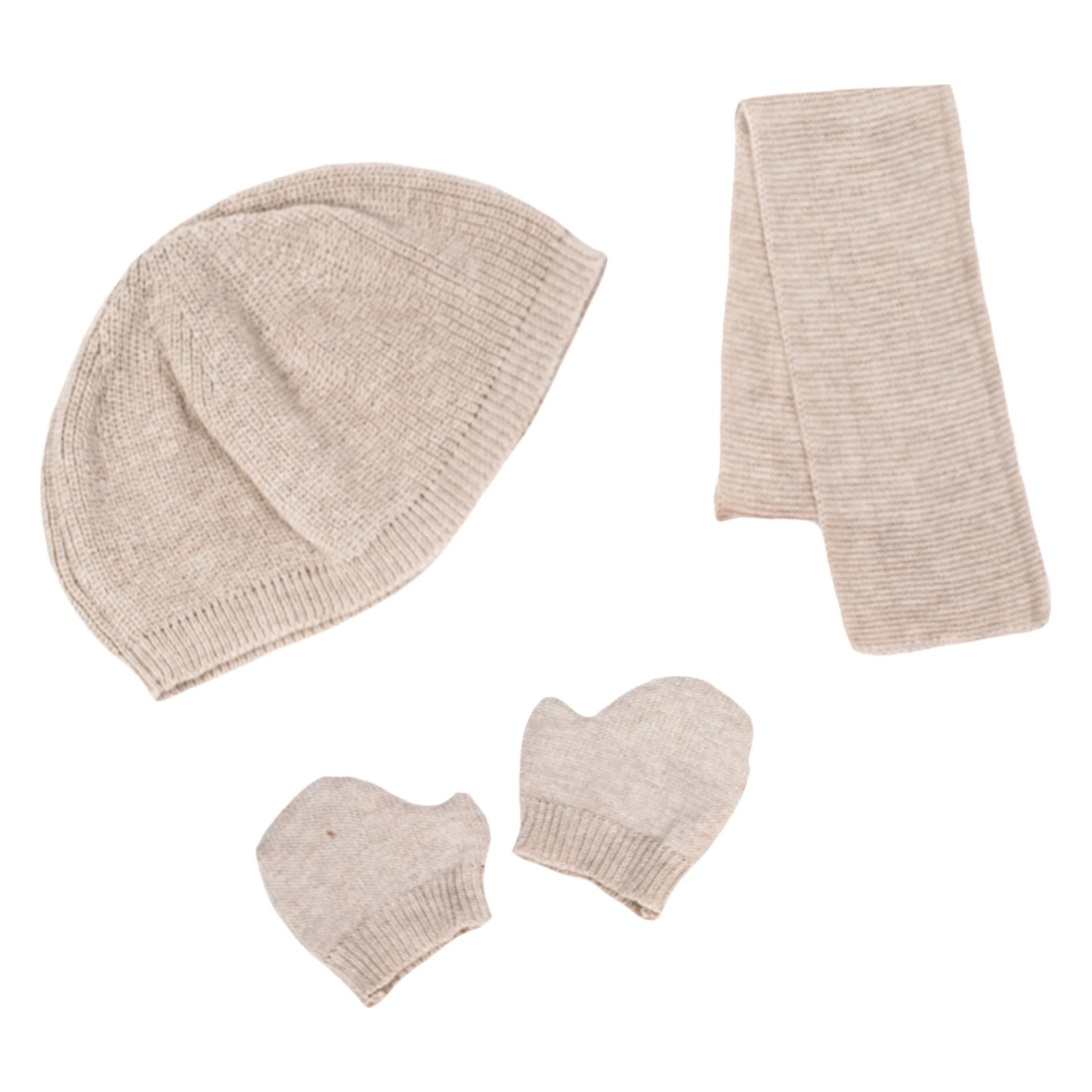 Outdoor accessories by Rubens Barn: beige knitted hat, scarf and mittens for baby dolls