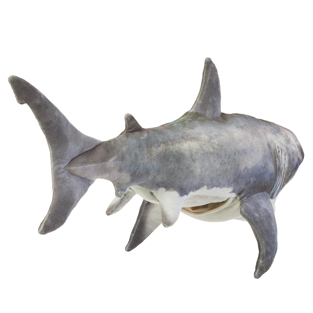 Folkmanis hand puppet great white shark in grey with white belly, movable mouth and prominent fins, angled view