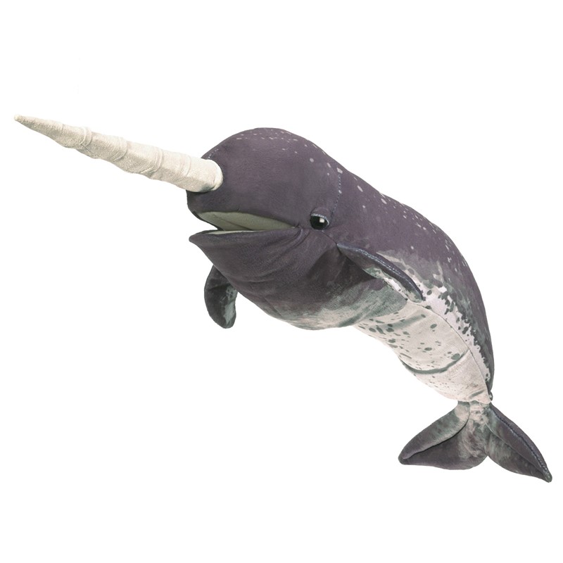 Folkmanis narwhal hand puppet in dark grey with white belly, light spiral horn and open mouth, side view