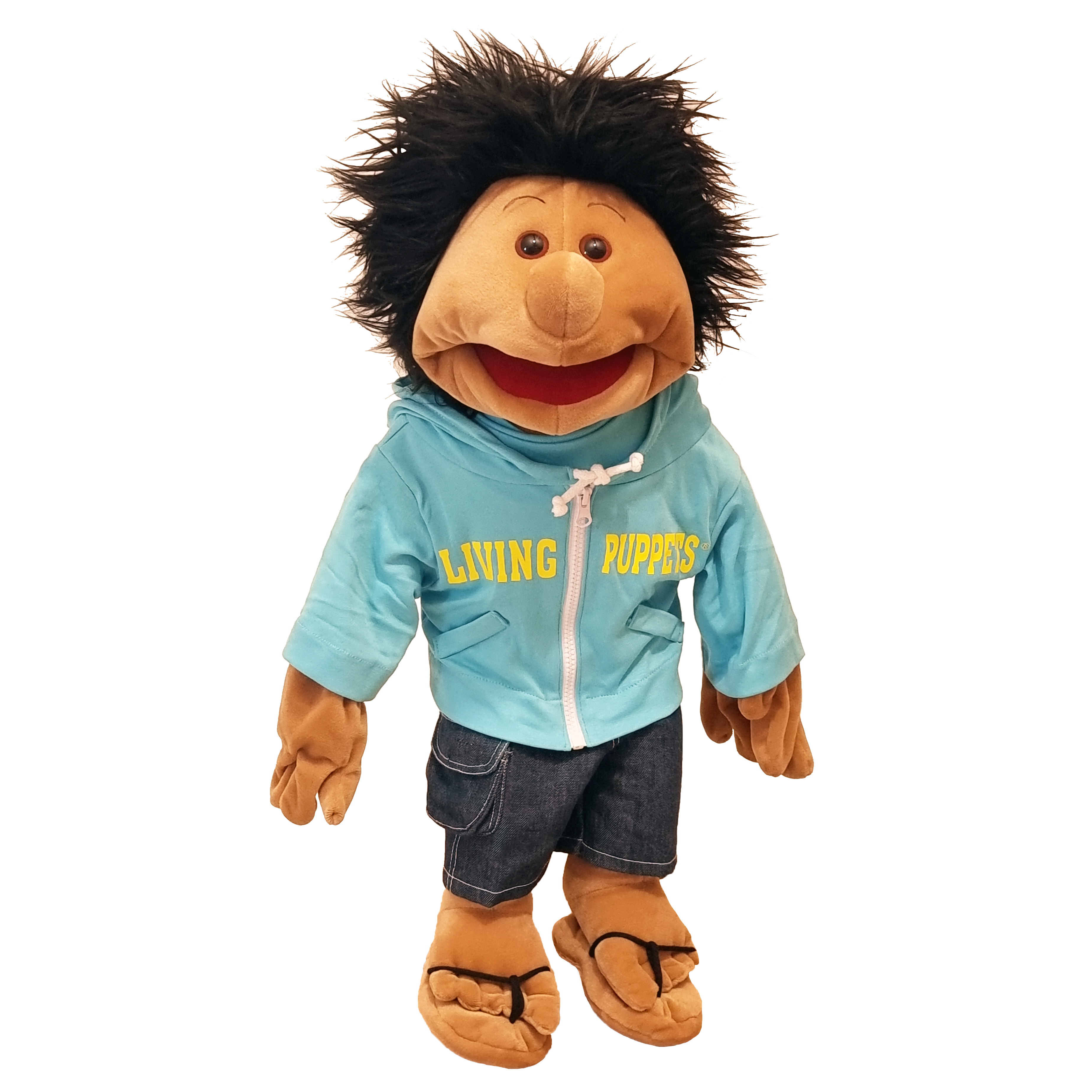 Living Puppets hand puppet Lenny with shaggy black hair, light blue hooded jacket with Living Puppets lettering, denim shorts and flip-flops