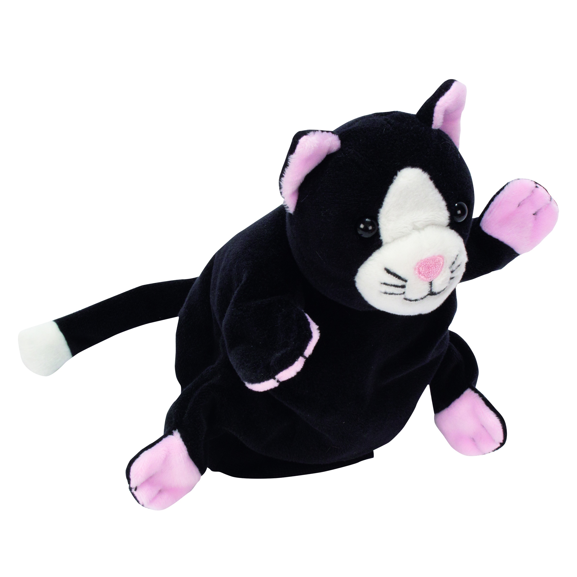 Beleduc hand puppet cat with black fur, a white muzzle and pink paws, lying pose