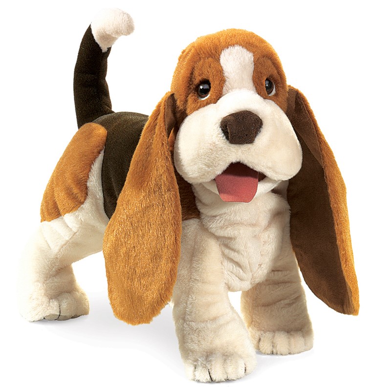 Folkmanis Basset Hound hand puppet standing in tricolour, with long drooping ears, open mouth and raised tail