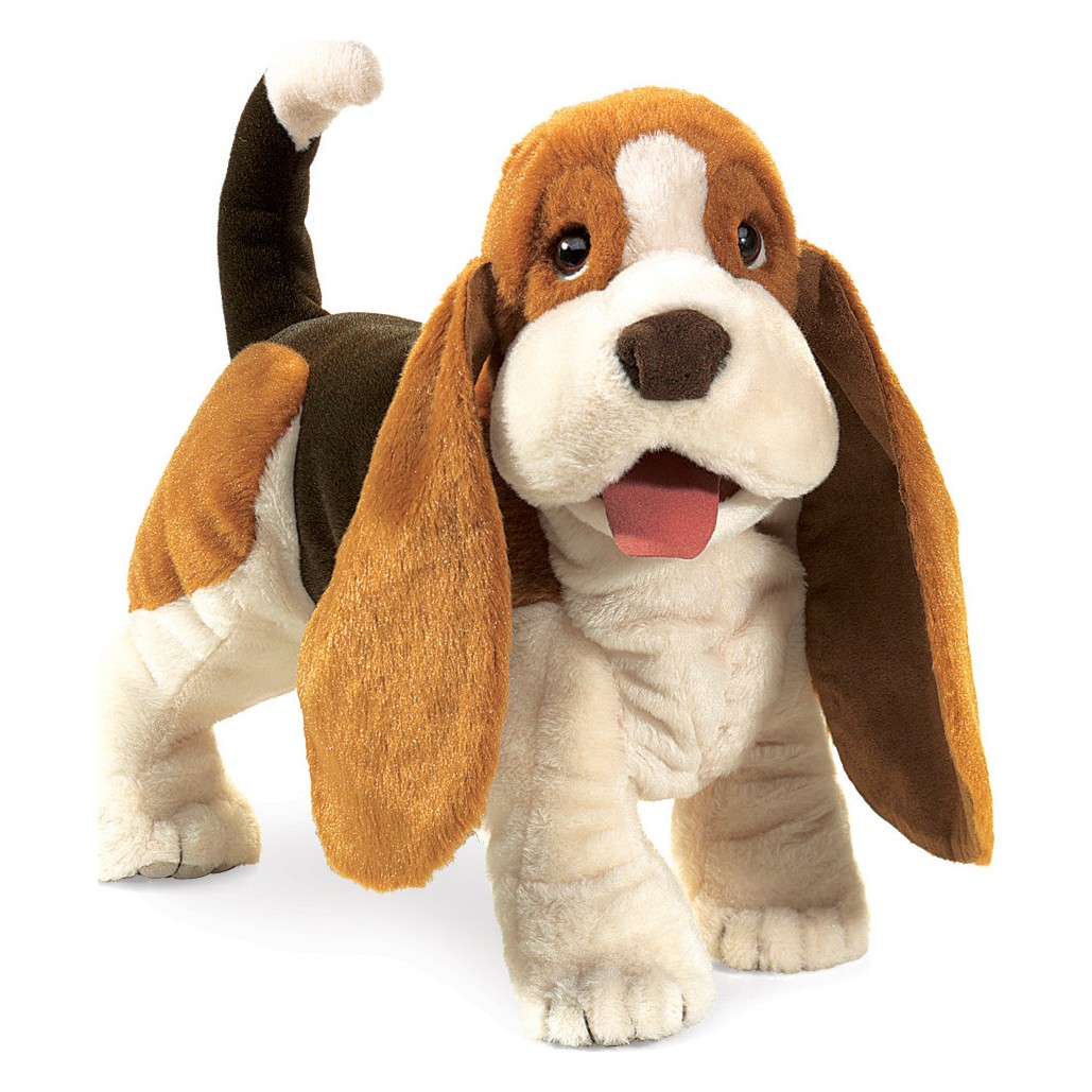 Folkmanis Basset Hound hand puppet standing in tricolour, with long drooping ears, open mouth and raised tail