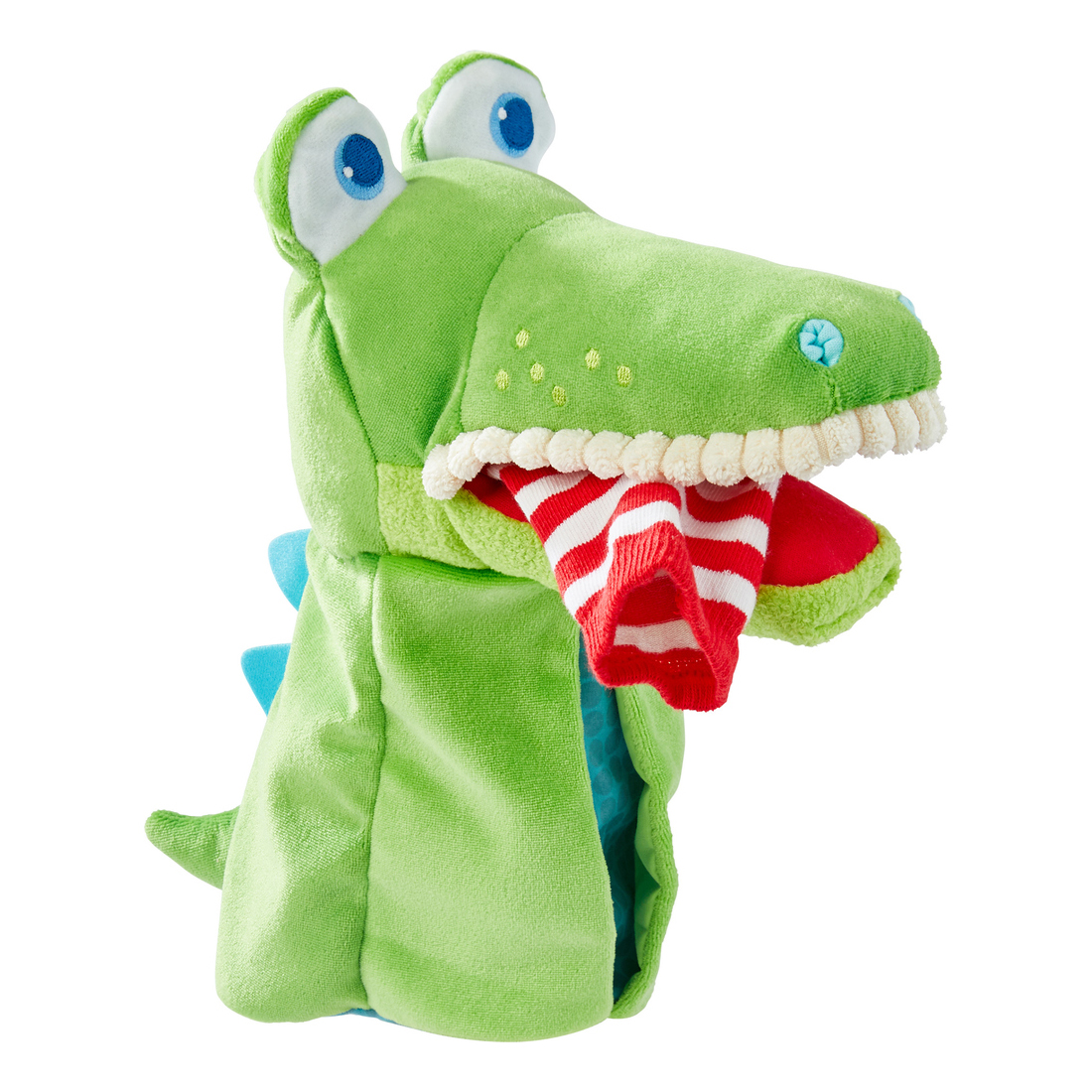 HABA baby hand puppet crocodile Allesfresser, red-and-white striped fabric piece held in the open mouth