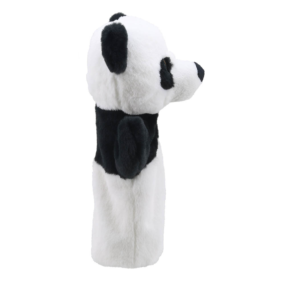 The Puppet Company baby hand puppet panda, white puppet with a black ear, right side view