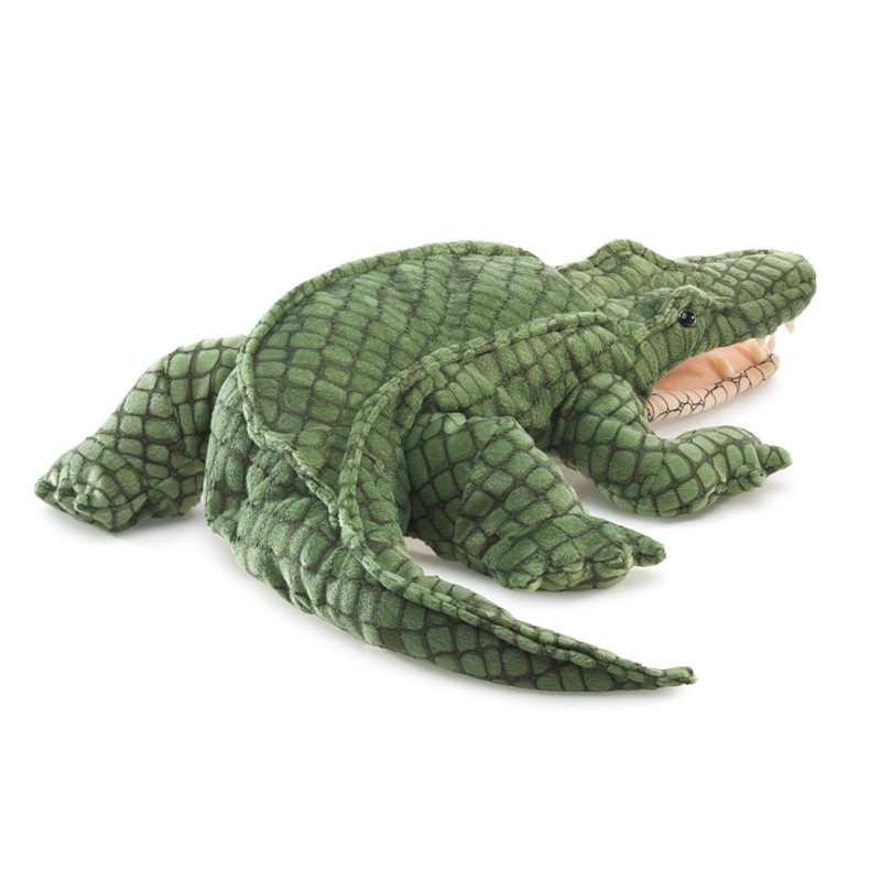 Folkmanis alligator hand puppet in dark green with a sewn scale pattern, open mouth and legs spread to the sides, angled view