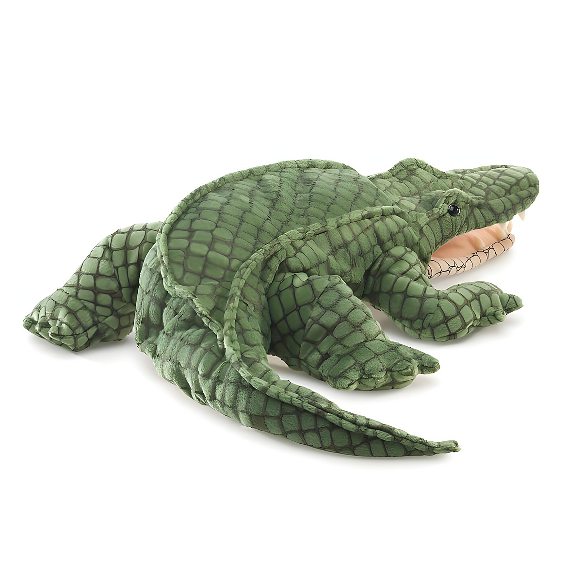 Folkmanis alligator hand puppet in dark green with a sewn scale pattern, open mouth and legs spread to the sides, angled view