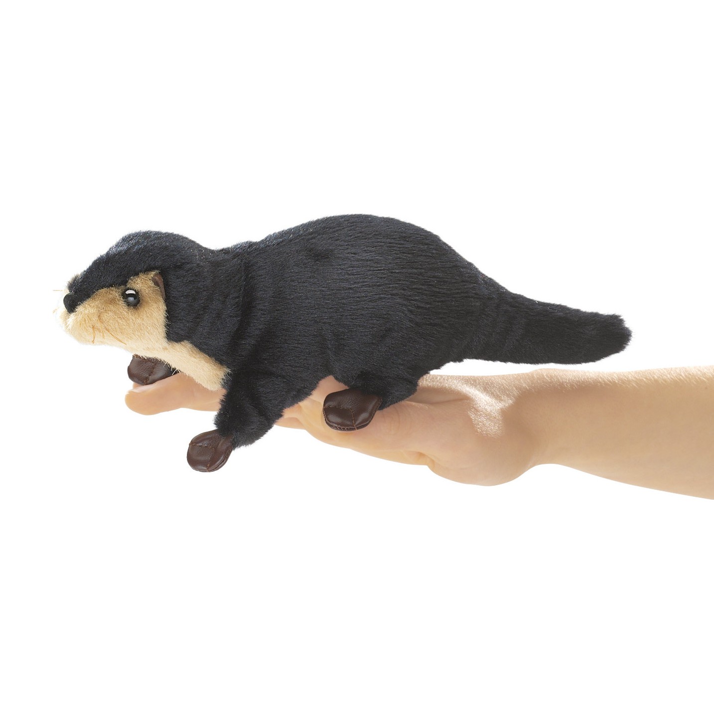 Folkmanis mini river otter finger puppet in black and beige, shown from the side on a hand