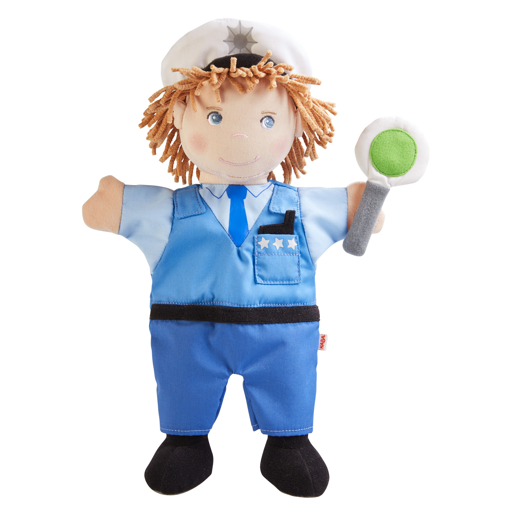HABA baby hand puppet police officer, with white cap, blue uniform and green-and-white traffic paddle