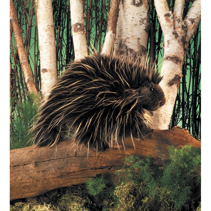 Folkmanis hand puppet porcupine with dark brown fur and beige-black quills, posed sideways on a log in front of a birch forest backdrop