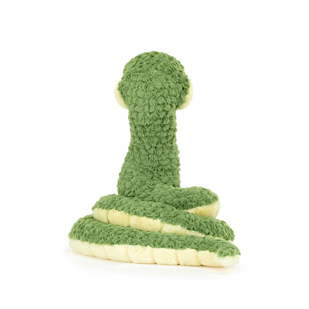 Jellycat plush toy snake Cizi Snake, back view of the raised head with a coiled body