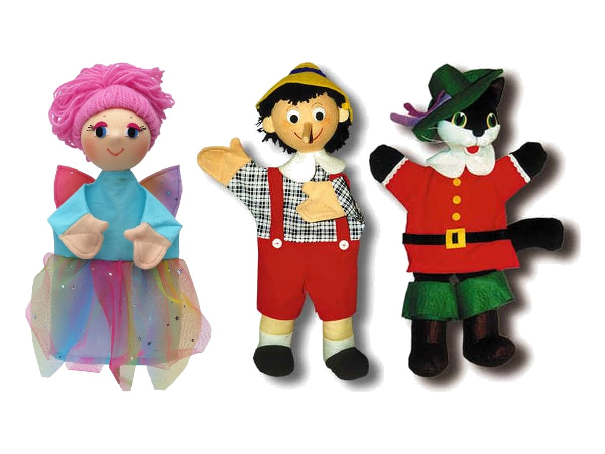 munabo Punch and Judy puppets: fairy Lili, Pinocchio and Puss in Boots