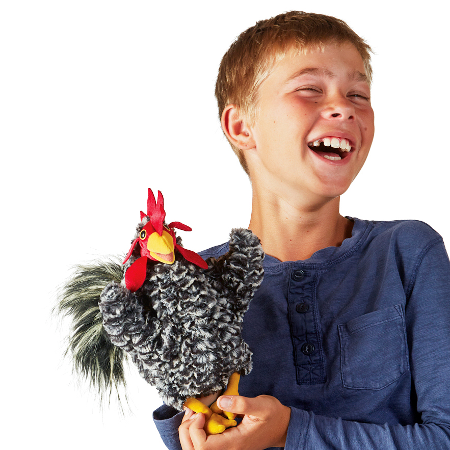 Laughing boy holding the Folkmanis rooster hand puppet with grey-flecked plush, red comb and yellow claws in his hands