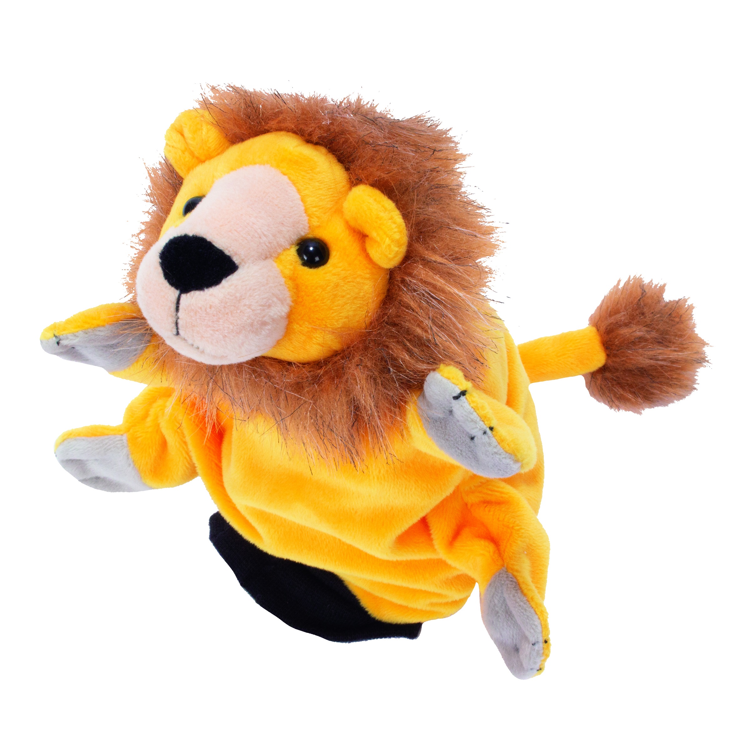 Beleduc hand puppet lion with yellow fur, a brown mane and outstretched paws