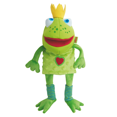 HABA baby hand puppet Frog King, green frog with yellow crown, red heart on chest and blue-green striped feet