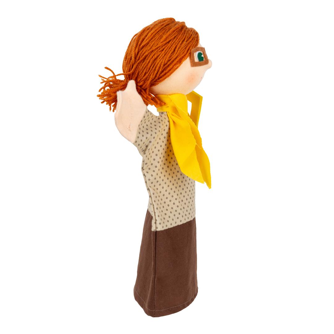 Punch and Judy puppet teacher by munabo in side view with tied-back hair and yellow scarf