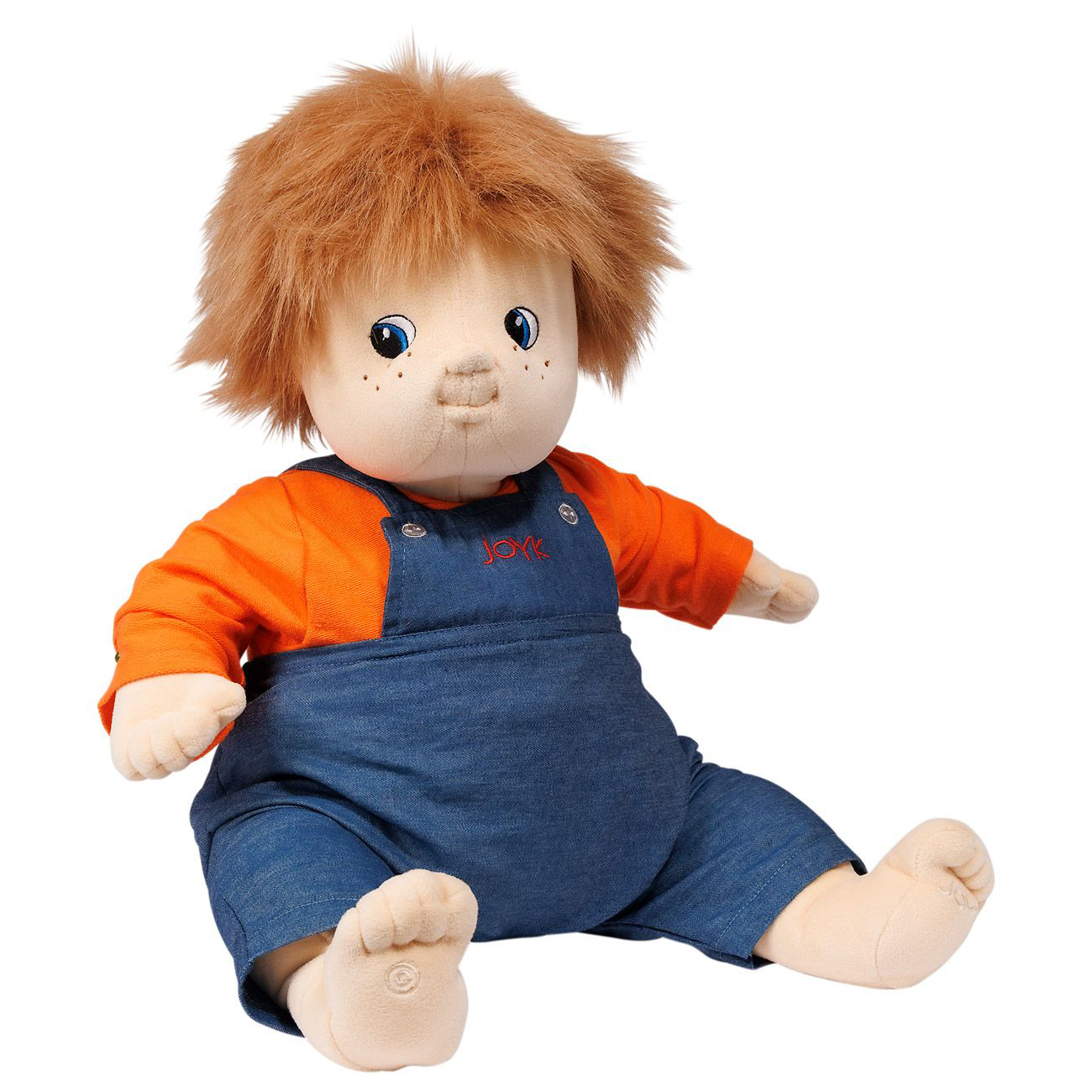 Joyk empathy doll Simon sitting in an orange shirt and blue denim dungarees
