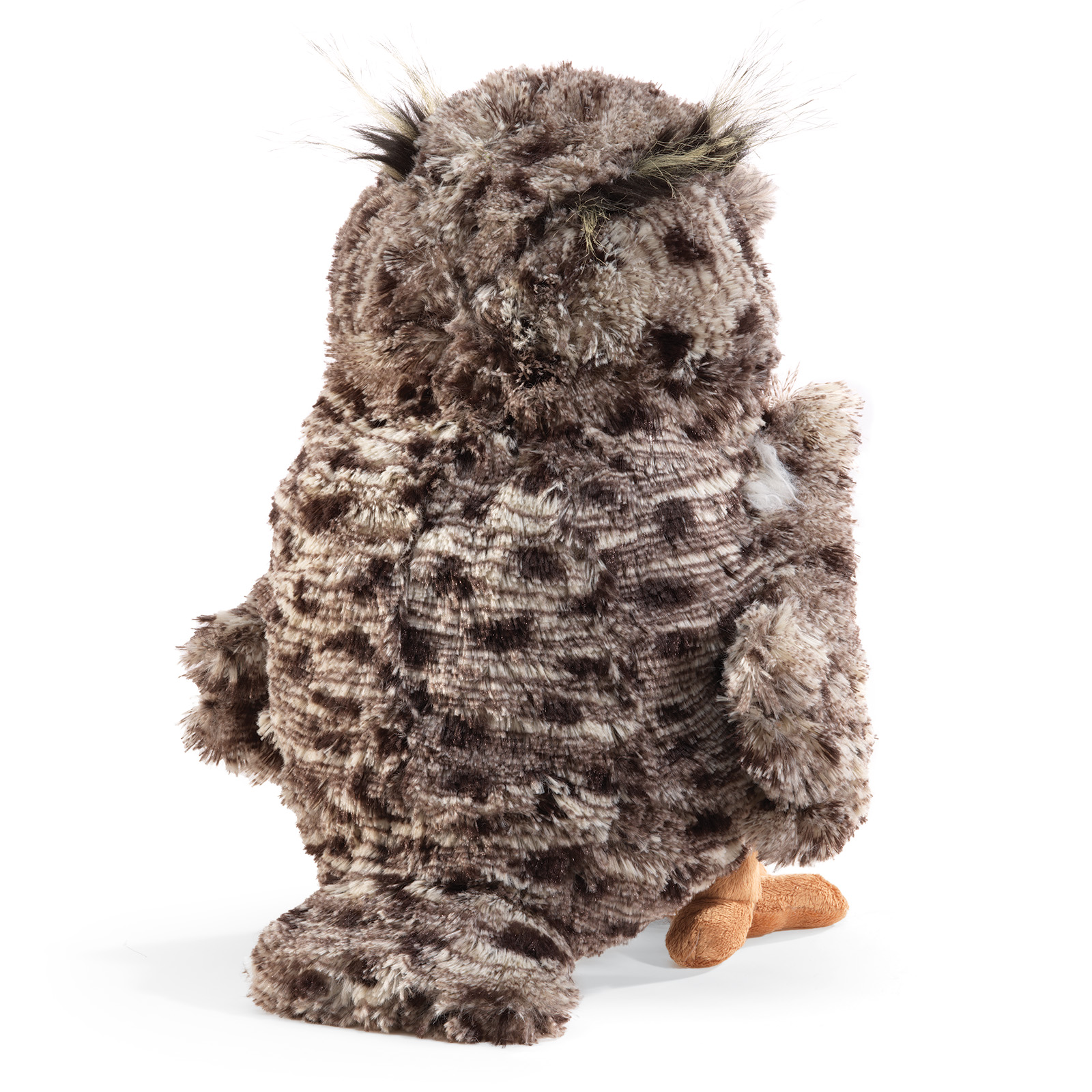 Folkmanis wise owl hand puppet with brown-beige spotted plush, tufted ear feathers and orange feet, front view