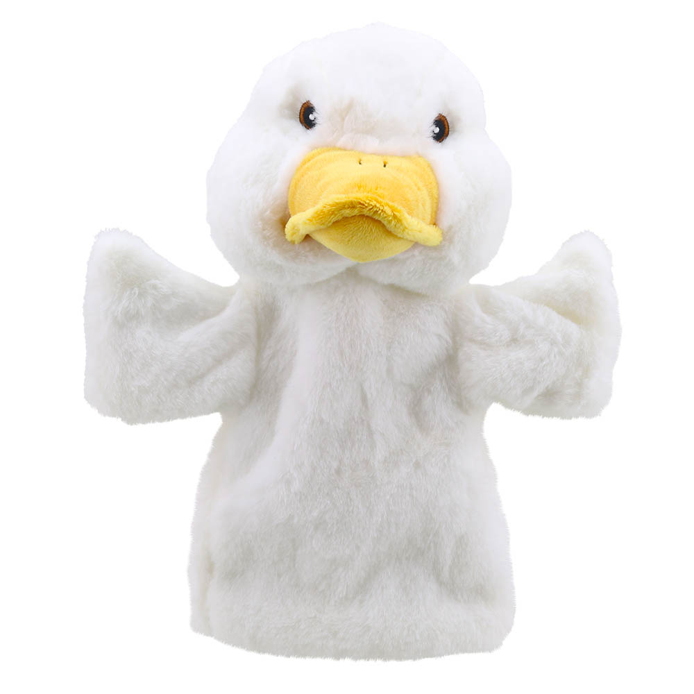 The Puppet Company hand puppet duck, white figure with a yellow beak, front view