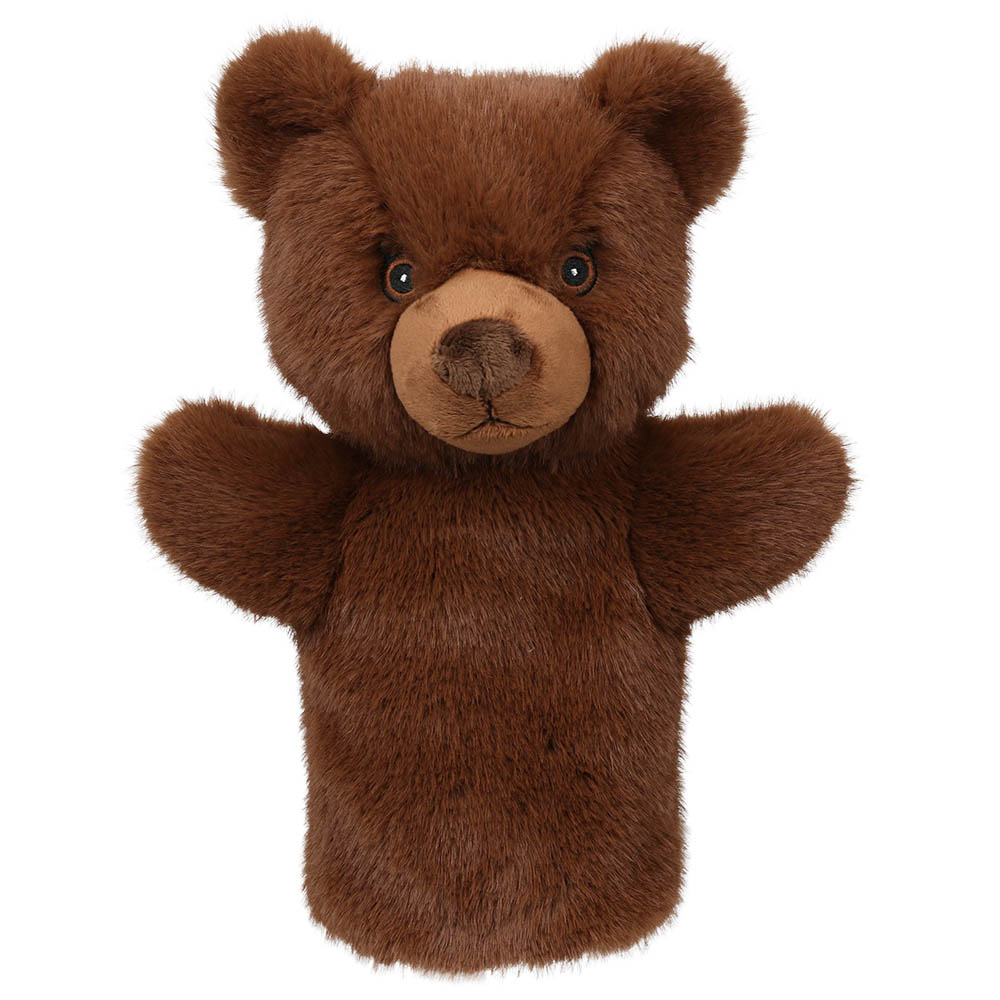 Puppet Company Puppet Buddies brown bear hand puppet, short-pile brown plush figure with light muzzle and arms held out to the sides, front view
