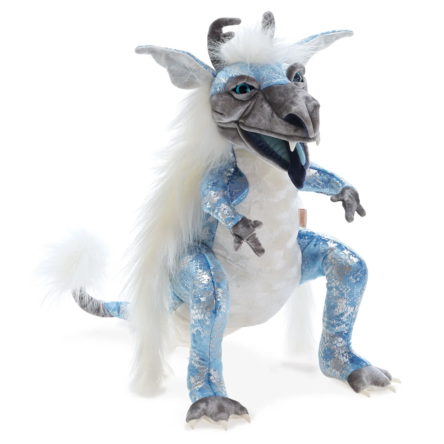 Folkmanis ice dragon hand puppet in blue-silver with white mane, movable mouth and turquoise eyes, angled view