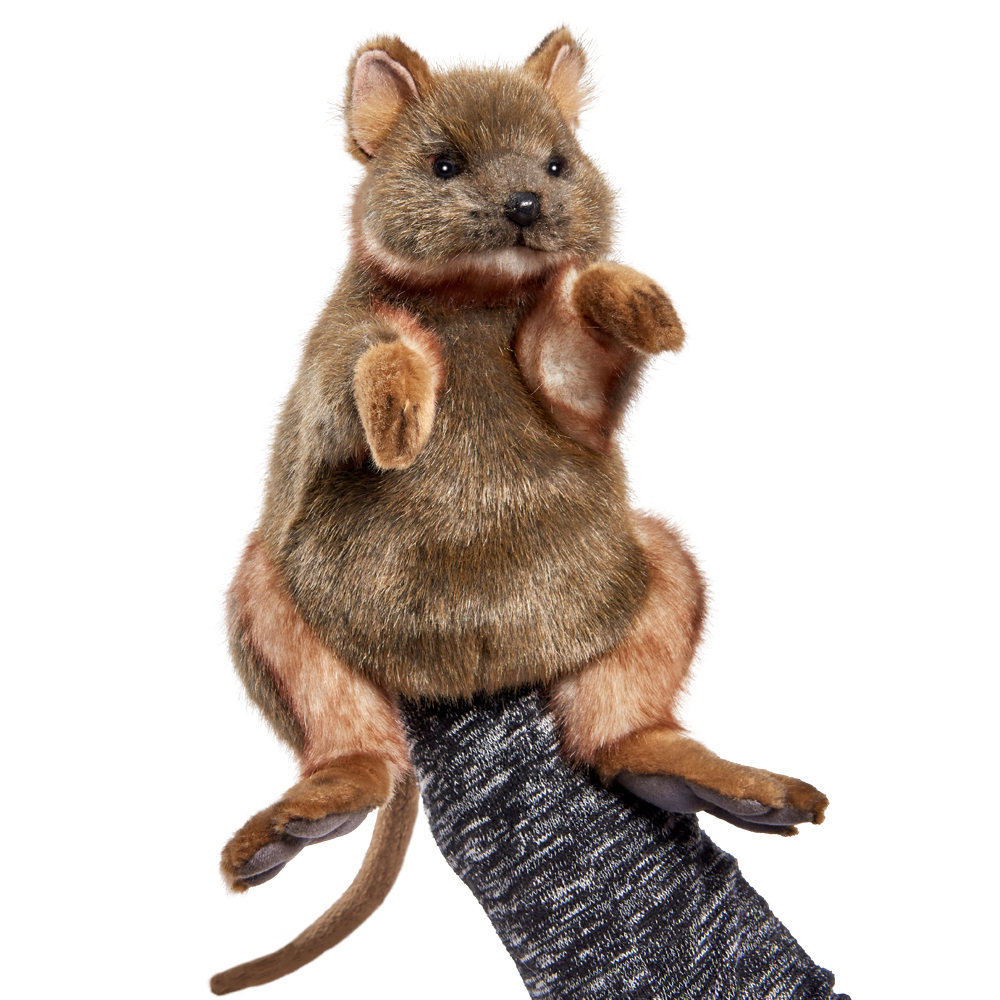 Quokka hand puppet by Hansa Creation with brown fur, a round body and a thin tail