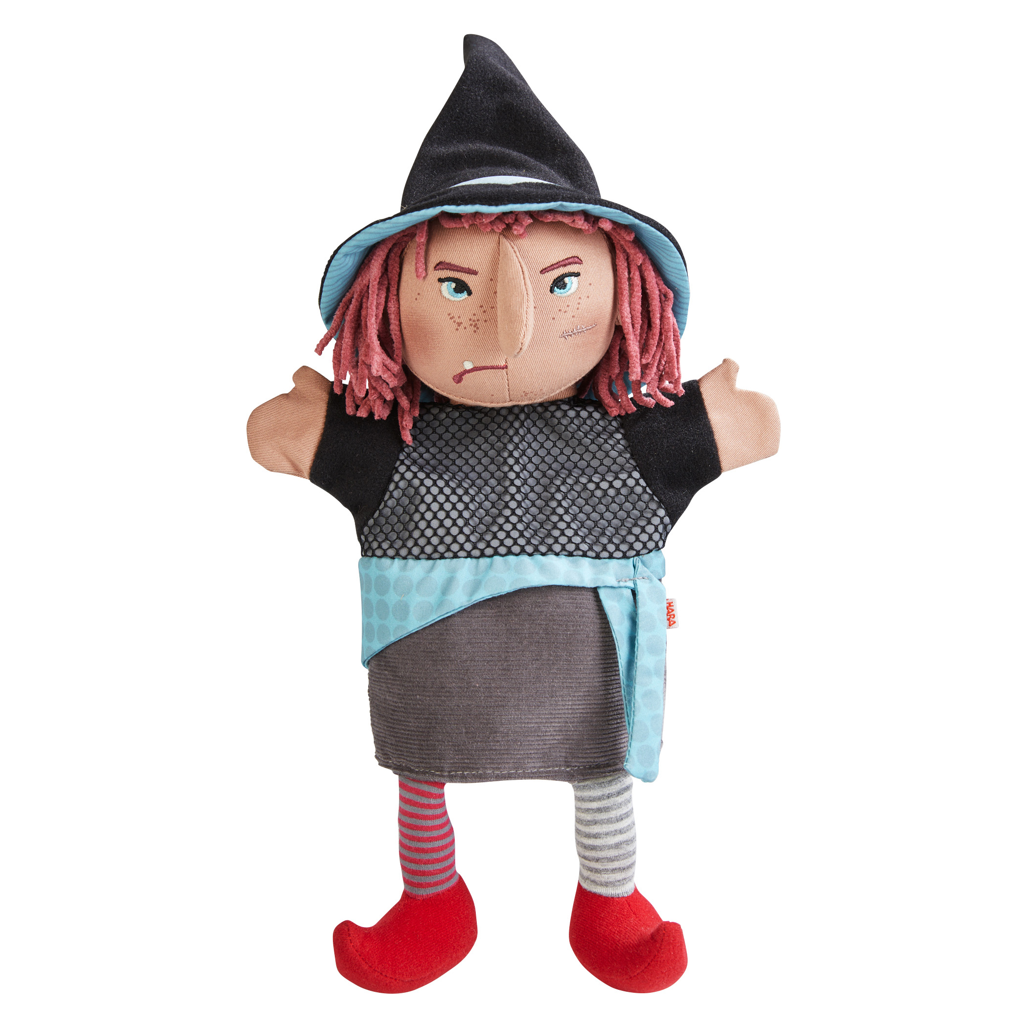 HABA baby hand puppet witch Hella, with pointed black hat, pink-red hair and red pointed shoes