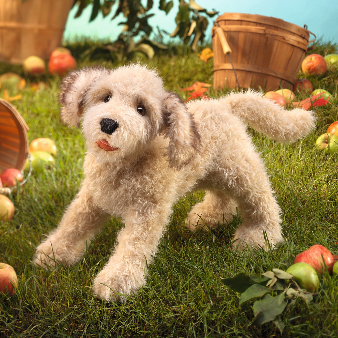 Folkmanis Labradoodle hand puppet with curly cream fur and tongue out, standing on grass among apples and wooden baskets