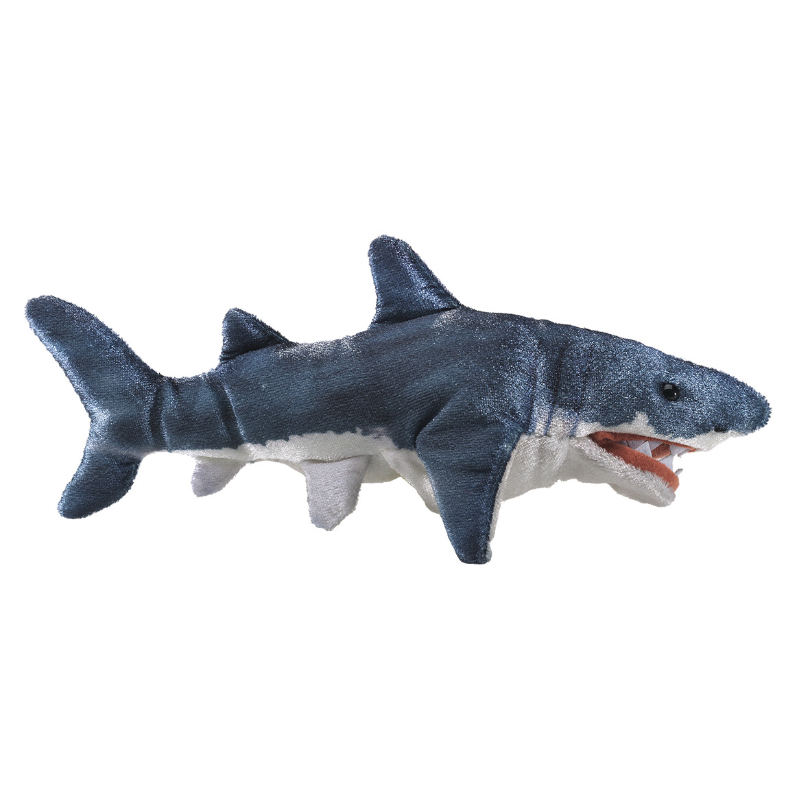 Folkmanis mini shark finger puppet in side view, blue-grey with a white belly and open mouth with visible teeth