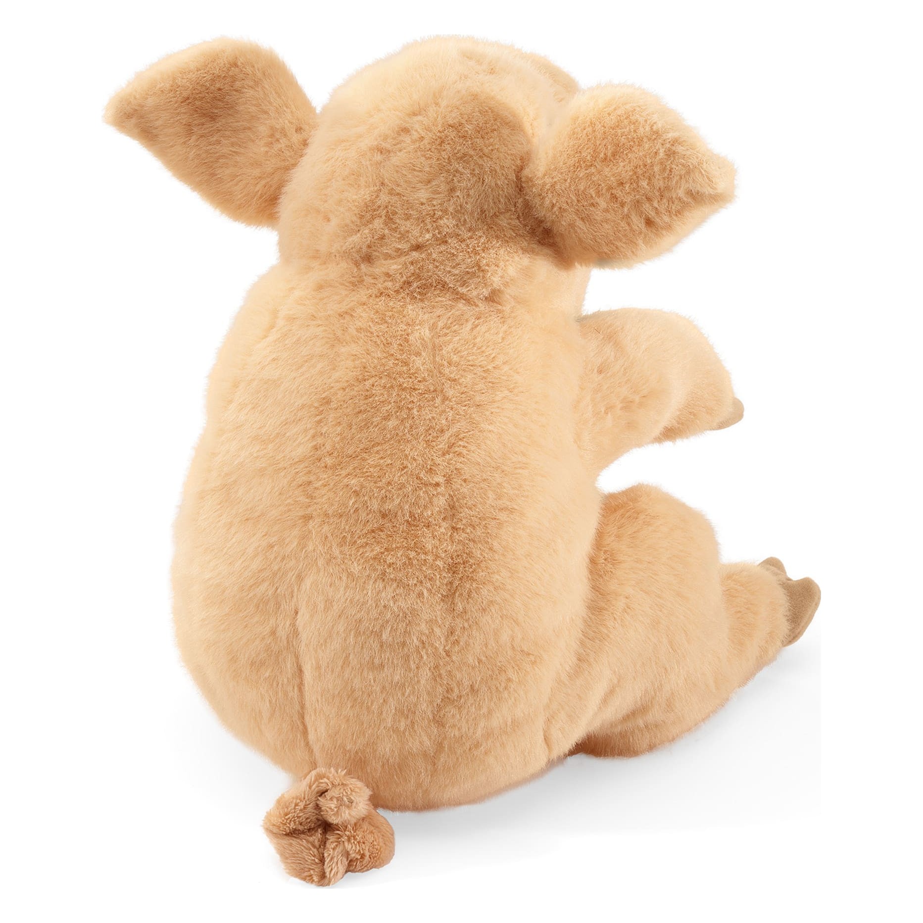 Folkmanis pig hand puppet in sand-coloured plush, rear view showing a characteristic curly tail and upright ears