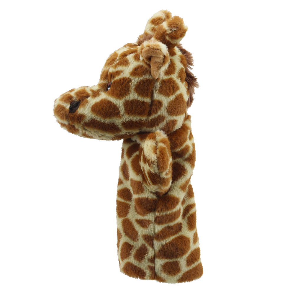 The Puppet Company baby hand puppet giraffe, side view with a long neck and spotted ears